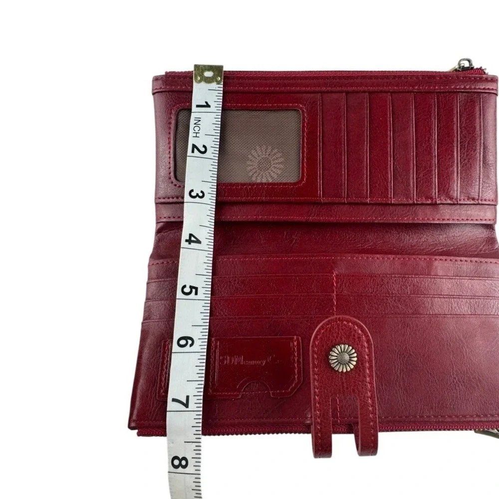 Sendefn Red Vegan Leather‎ Bifold Clutch Wallet Sunflower Snap Bronze Zip Large